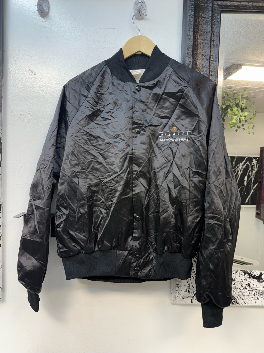 Men's Black Vintage Satin Bomber Jacket - Picture 2 of 6